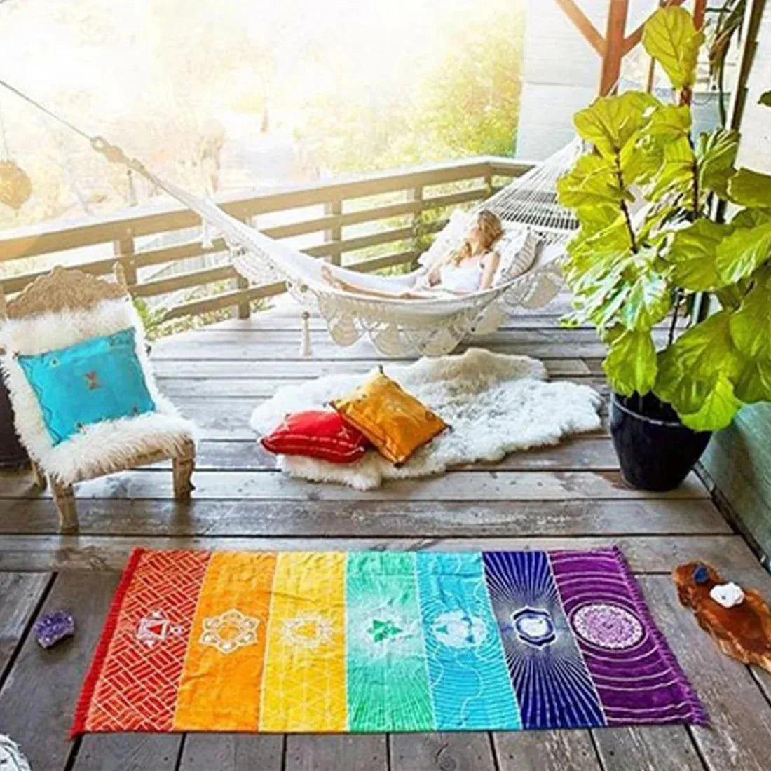 Polyester Bohemian Beach Yoga Mat in vibrant colors on a patio setting.