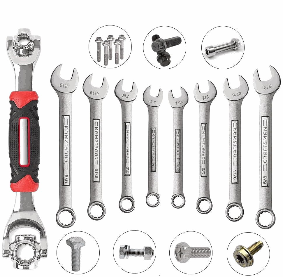 48 in 1 universal socket wrench set for various bolt sizes and types, featuring a swiveling head for easy adjustments.