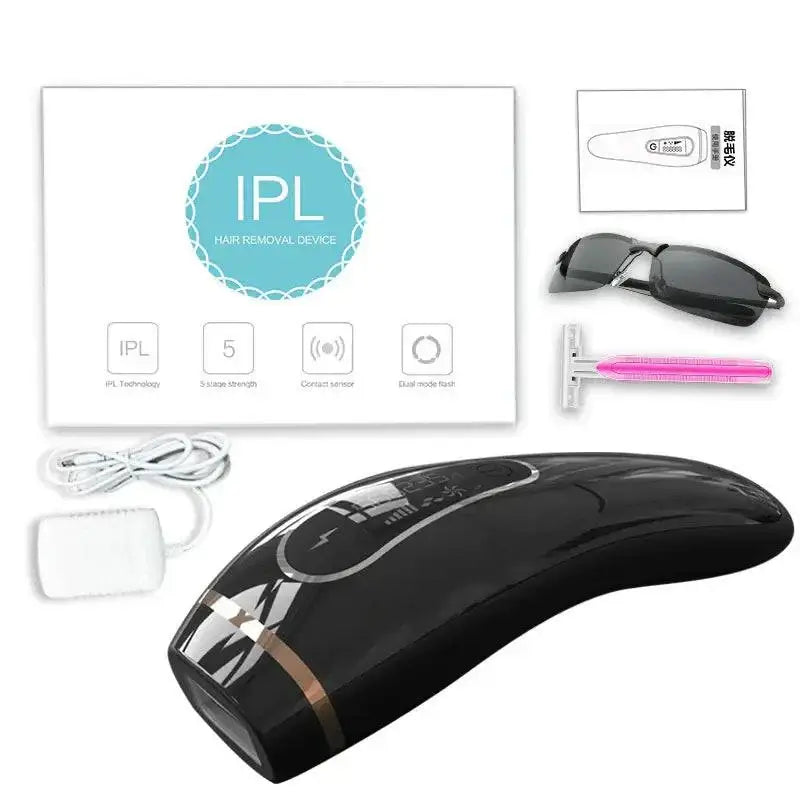IPL hair removal device kit including glasses, razor, and packaging for home laser hair removal.