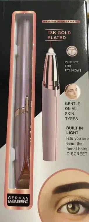 Rechargeable eyebrow hair remover with LED light and hypoallergenic design.