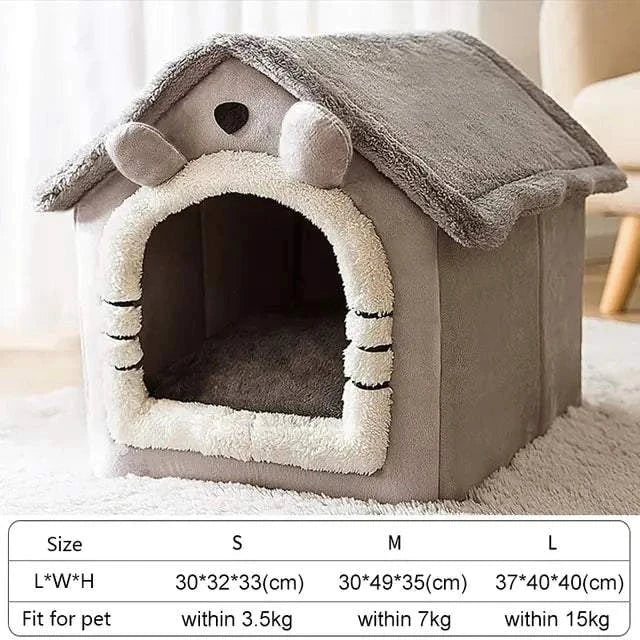 Soft winter dog cat bed house with plush cushion and heat retention in gray, available in multiple sizes.