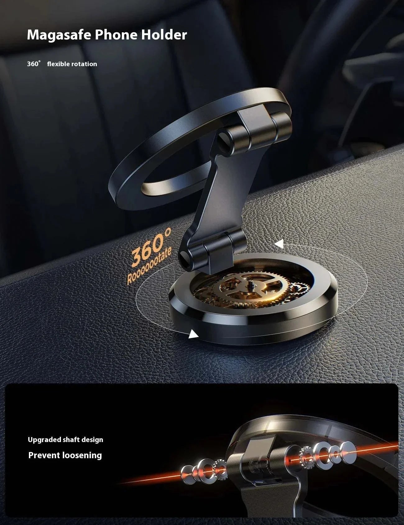 MagSafe car mount phone holder with 360° rotation and foldable design.