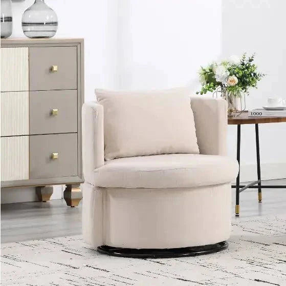 Upholstered bucket dining chair with ottoman in beige fabric, swivel base, and storage compartment, ideal for living room.