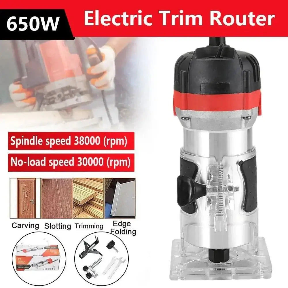 Portable 650W electric wood edge trimmer router with clear base for precise carving, slotting, trimming, and edge folding.