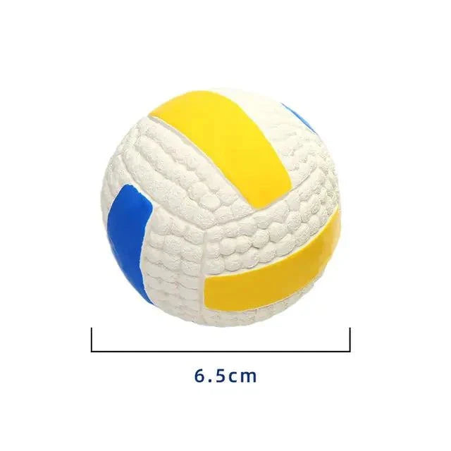 Colorful squeaky dog toy ball with a 6.5cm diameter, featuring vibrant yellow and blue panels.