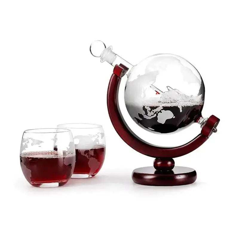 Whiskey Decanter Globe on Wood Stand with Aerator and Glasses Set