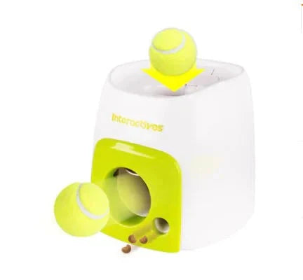 Smart pet feeder with tennis ball launcher for interactive play.