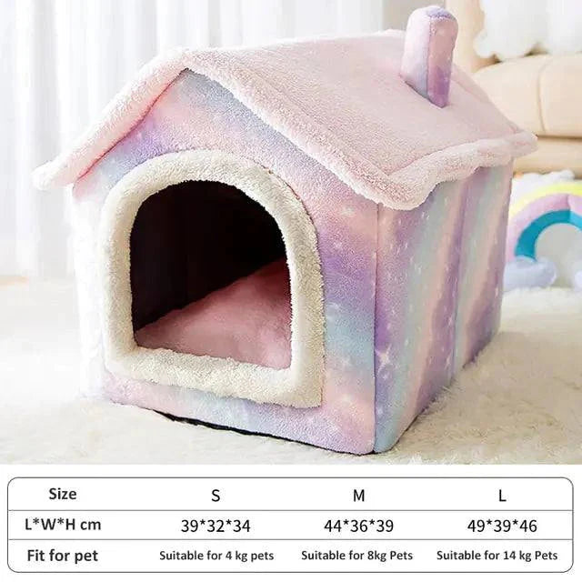 Soft winter dog cat bed house in pastel colors with plush cushion, designed for warmth and comfort, ideal for small pets.