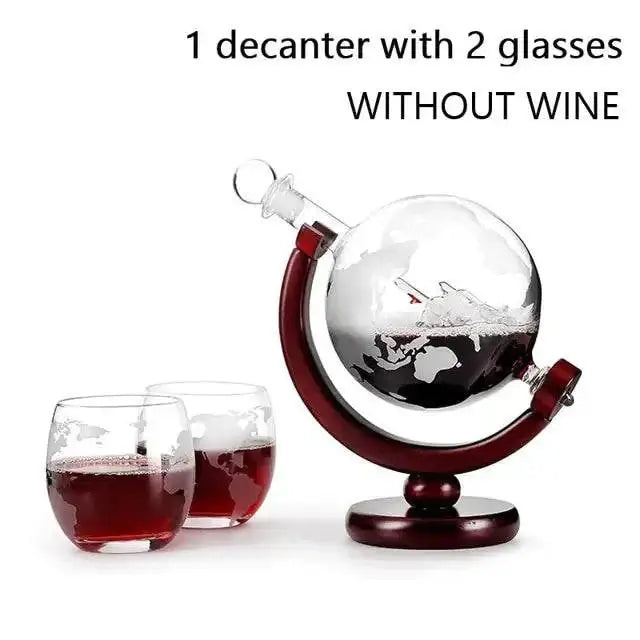 Whiskey Decanter Globe set with sailboat design and two glasses, on refined wood stand, 850ml capacity.