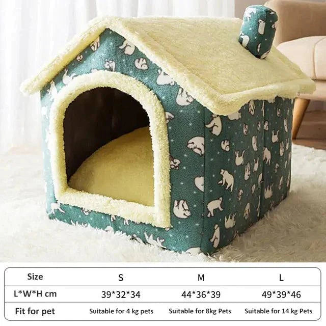Soft Winter Dog Cat Bed House in arctic velvet with plush cushion, offering warmth and comfort in various sizes.