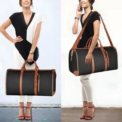 Foldable Travel Duffle Bag with brown straps, carried by a person, showcasing versatile and stylish design.