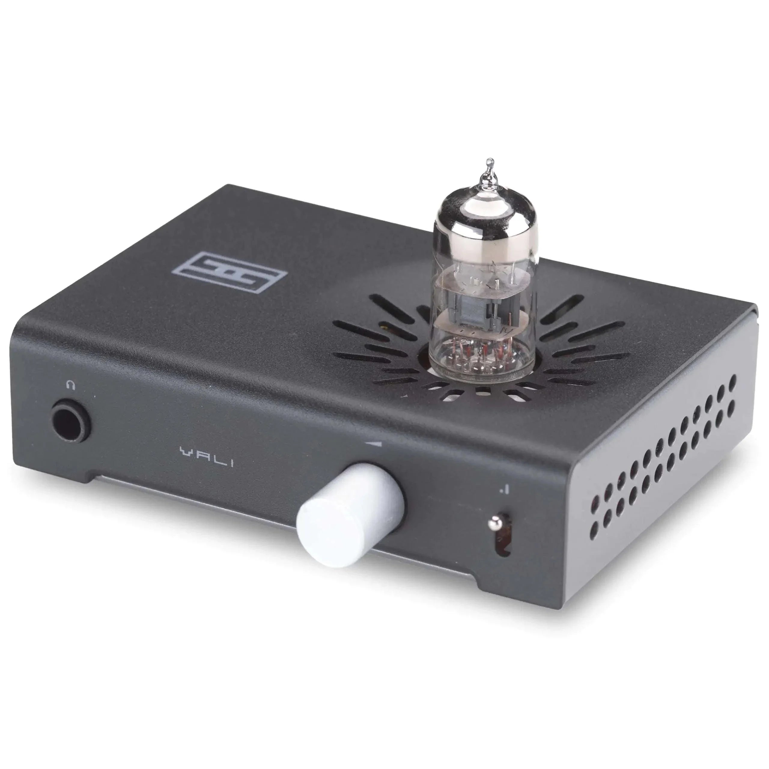 Schiit Vali 3 black tube hybrid headphone amp with preamp; sleek design with visible tube.
