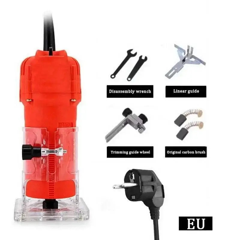 800W portable electric wood edge trimmer with transparent base, all-copper motor, adjustable height, and included accessories for precise woodworking.