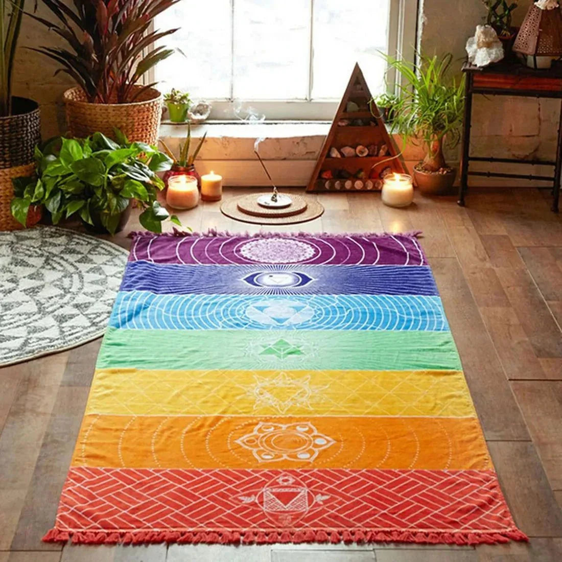 Polyester Bohemian Beach Yoga Mat in vibrant colors, ideal for yoga, beach lounging, and home decor.