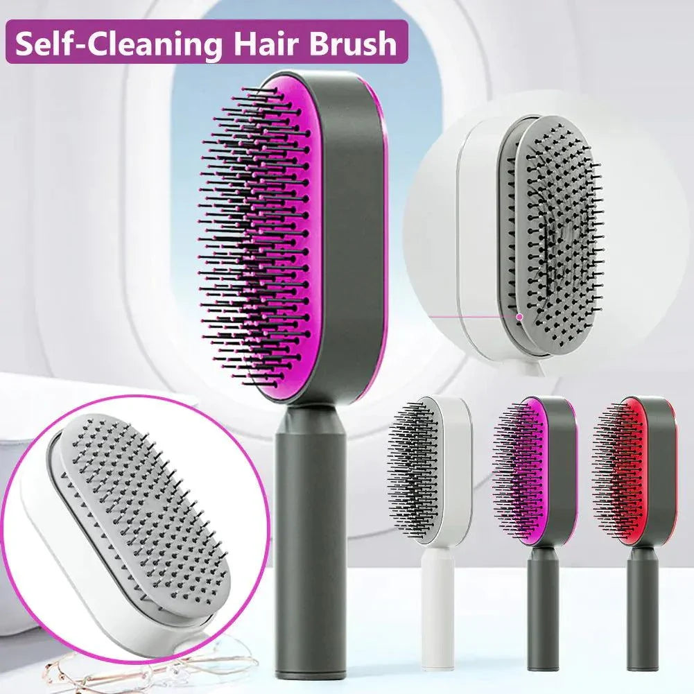 Set of self-cleaning hair brushes with oval base, airbag scalp massage, and ergonomic handle in white, grey, and red colors for all hair types.
