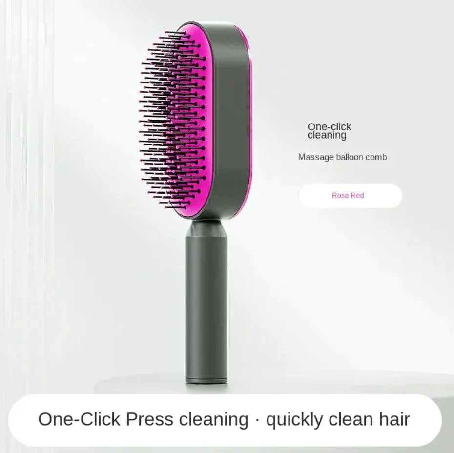 Women's 3D Hair Growth Self-Cleaning Brush in Rose Red with One-Click Cleaning Feature