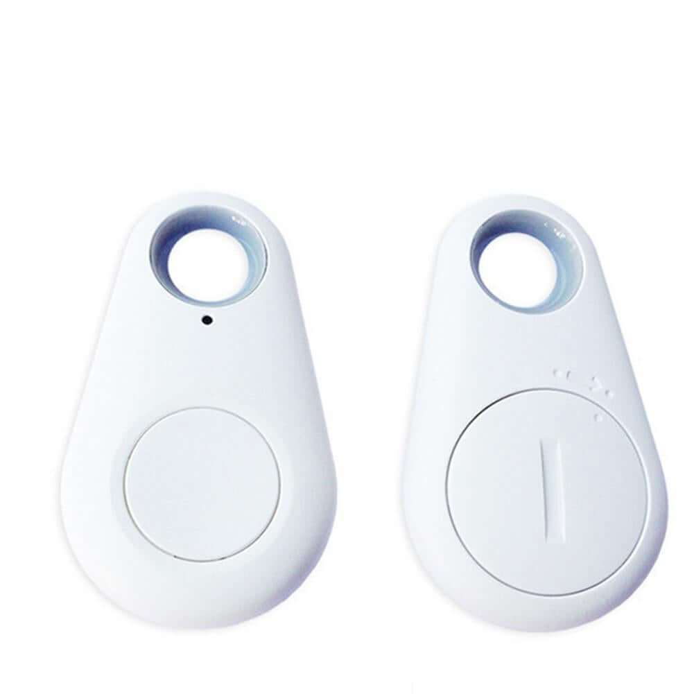 White anti-lost smart wireless Bluetooth tracker keychain with circular button and small hole for attachment.