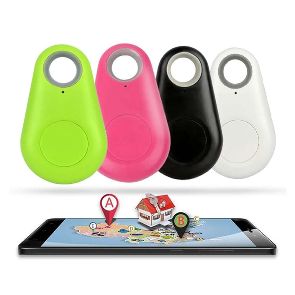 Anti-lost Smart Wireless Bluetooth Tracker in various colors shown with GPS map on phone screen.