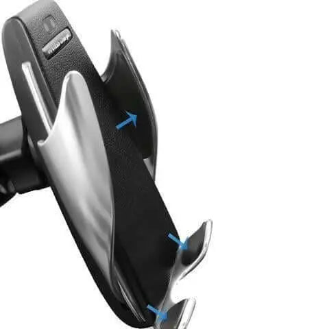 Automatic clamping wireless car charger with infrared autosensing and air vent phone holder mount.