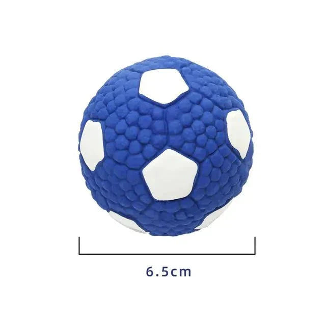 Blue and white soccer ball-shaped squeaky dog toy, 6.5 cm in diameter.