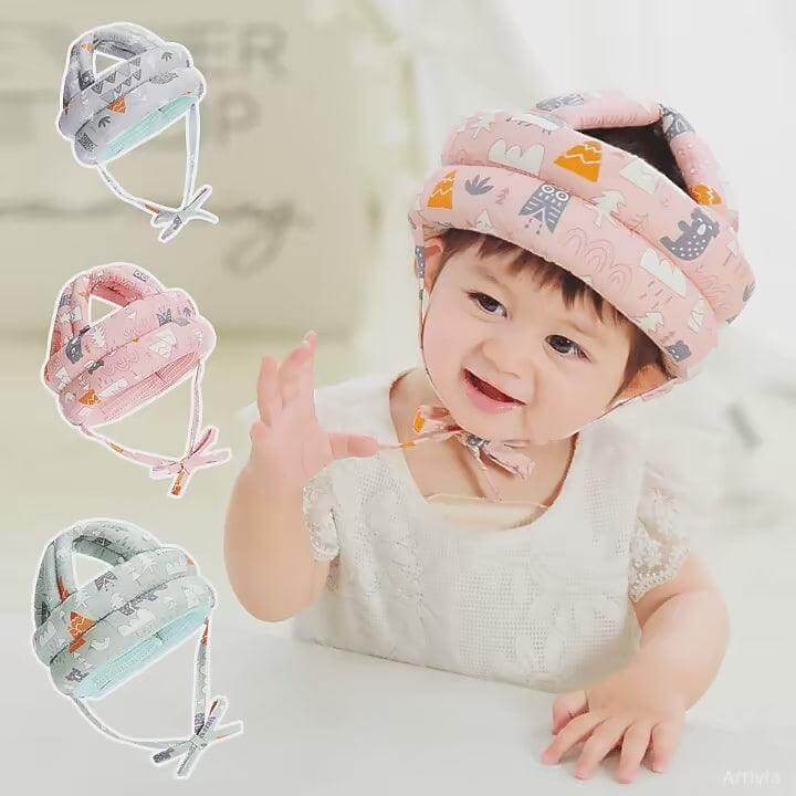 Baby head protection helmet with soft cotton and sponge, adjustable strap, suitable for toddlers learning to walk.