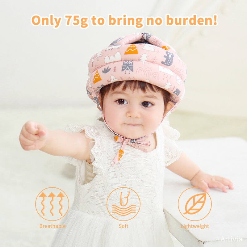 Toddler wearing soft breathable baby head protection helmet for infant safety and comfort