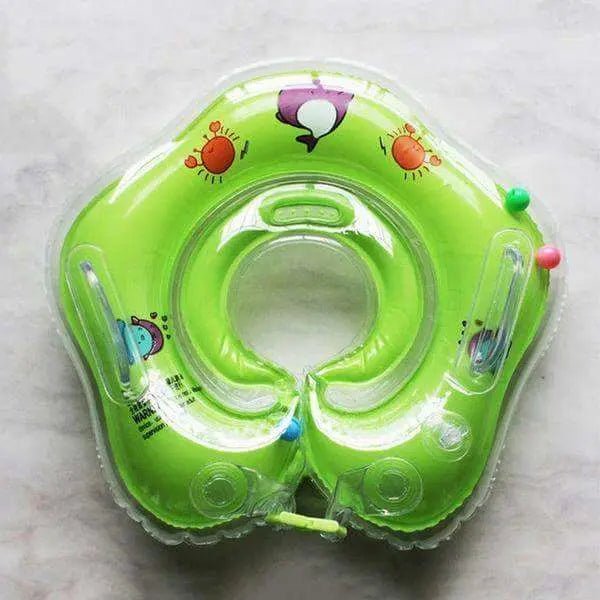 Green baby neck float ring with colorful prints and safety features.