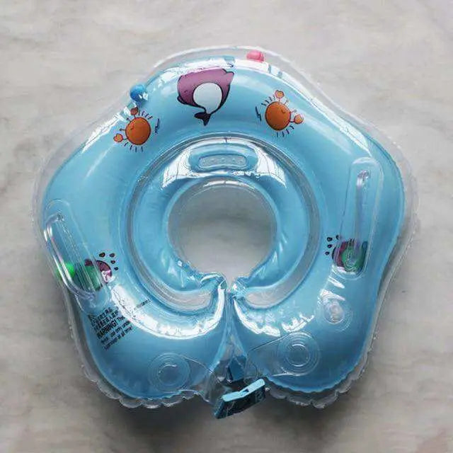Baby neck float ring for swim training, blue with colorful print, secure support for infants.