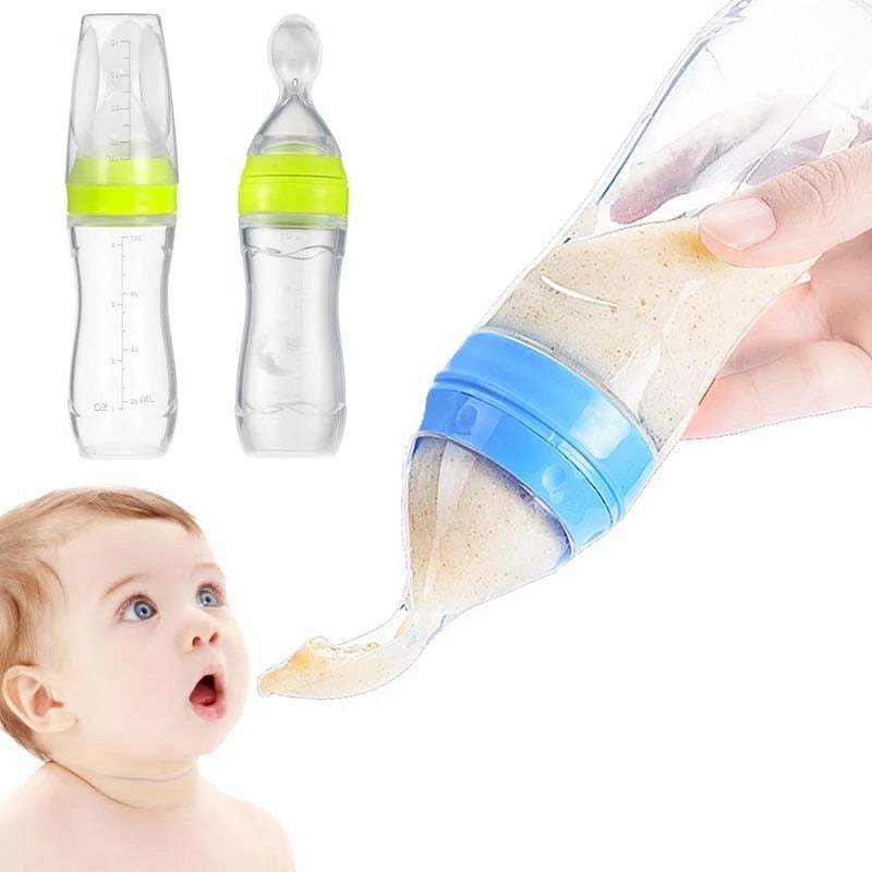Baby squeezing feeding bottle with spoon, silicone, easy feeding.