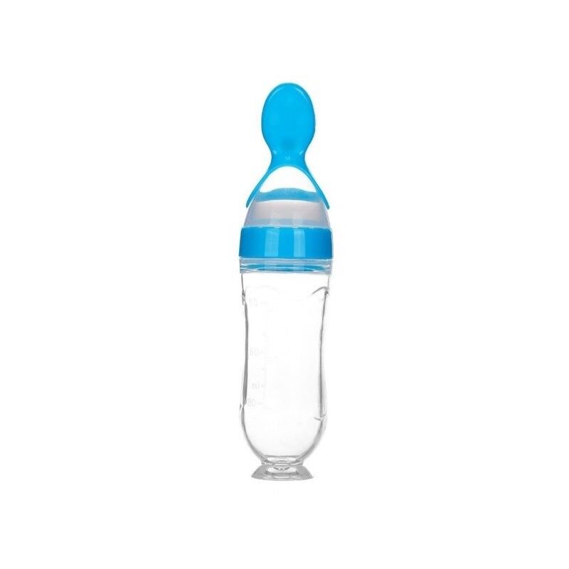 Baby Squeezing Feeding Bottle with Spoon, soft silicone, convenient for transitioning to solid foods.