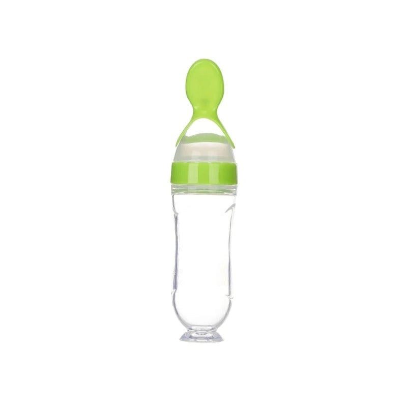 Baby squeezing feeding bottle with soft silicone spoon, ideal for milk and semisolid feeding.
