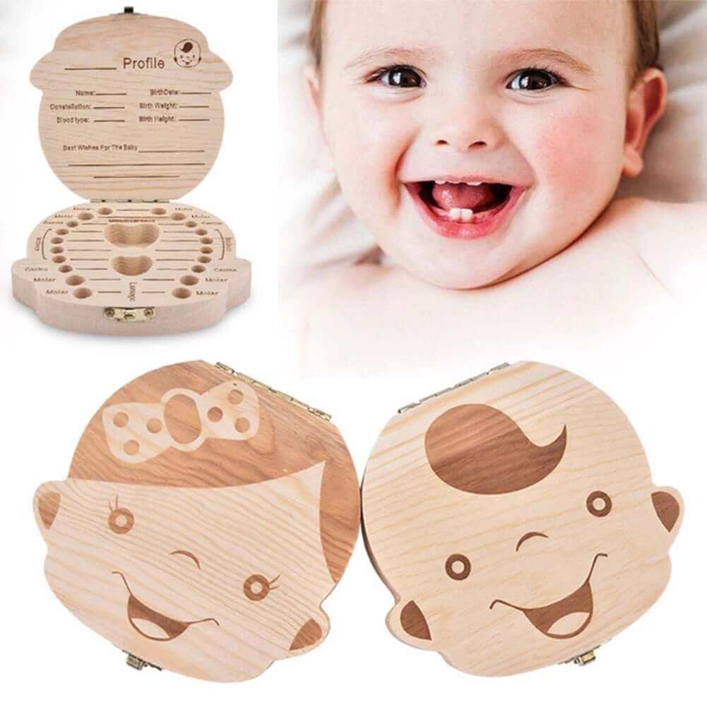 Baby Wooden Teeth Organizer with cute design and eco-friendly pinewood.
