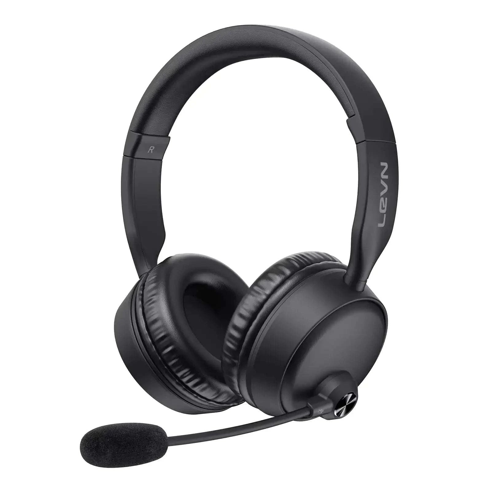 Bluetooth headphones with AI noise cancelling microphone, showcasing adjustable headset and attached mic.