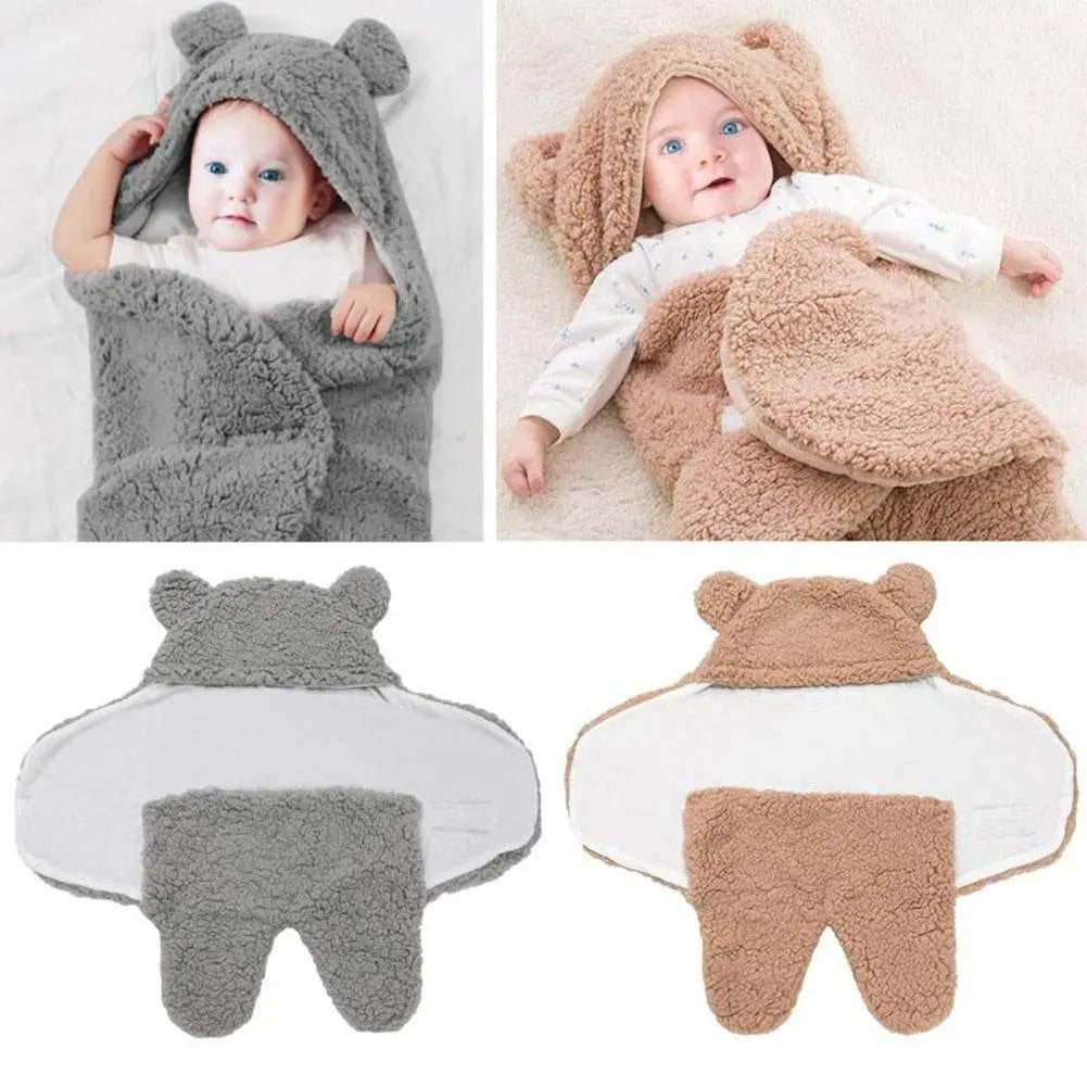 Ultra-soft starfish baby sleeping bag in fluffy grey and brown designs, featuring an adorable bear ear hood for cozy warmth.