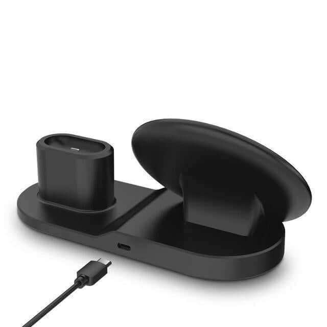 Dock Station Wireless Fast Charger for Apple devices, black, 3-in-1 charging station.
