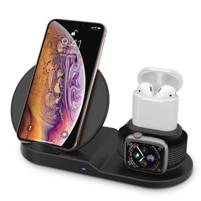 3 in 1 wireless charging dock station for iPhone, Apple Watch, and AirPods.