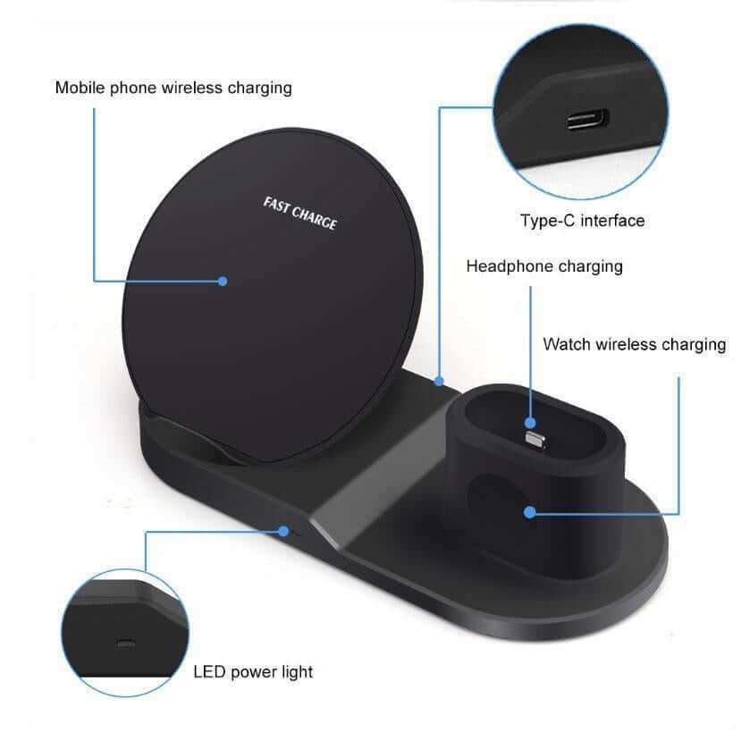 3 in 1 Dock Station Wireless Fast Charger with mobile phone, watch, and headphone charging slots.
