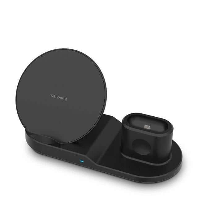 Dock Station Wireless Fast Charger for Apple Watch, AirPods, iPhone, and Qi-enabled devices.