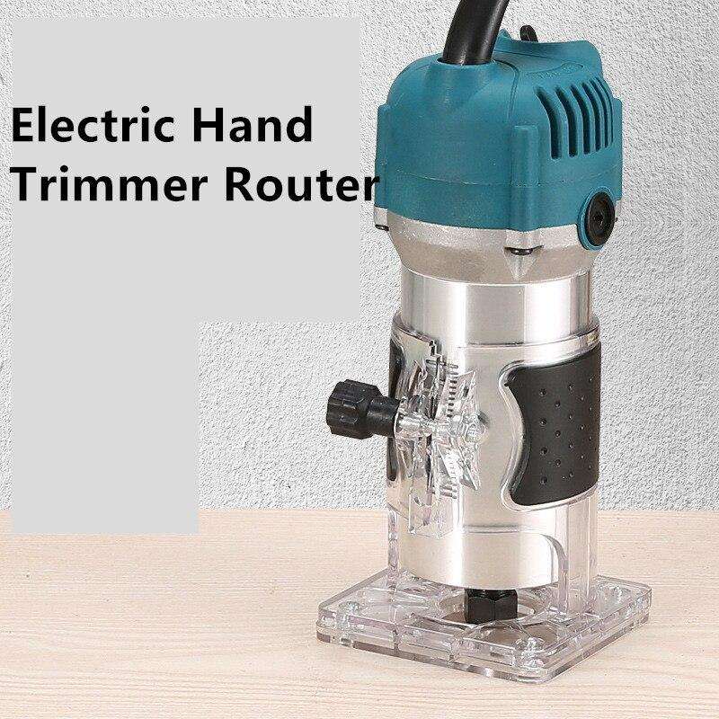 Electric laminate edge wood trimmer on a wooden table.