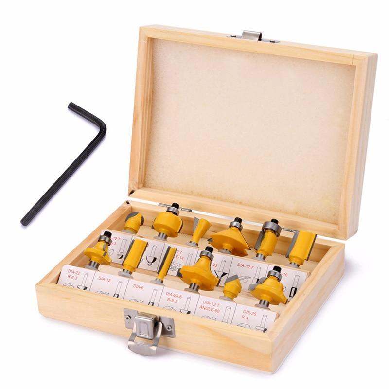 Electric laminate edge wood trimmer router bit set in wooden case with hex wrench.