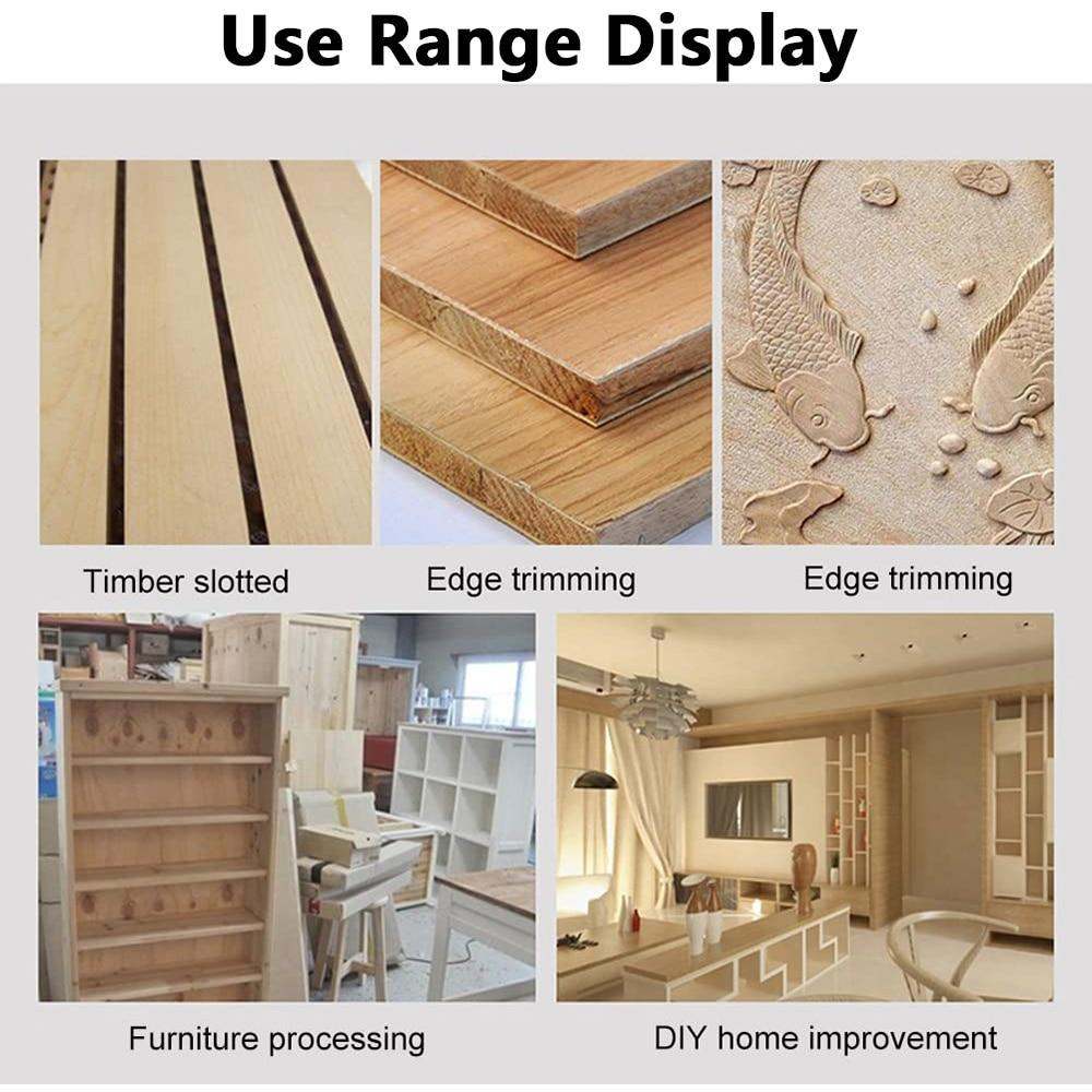 Electric laminate edge wood trimmer use range display with timber slotting, edge trimming, furniture processing, and DIY home improvement.