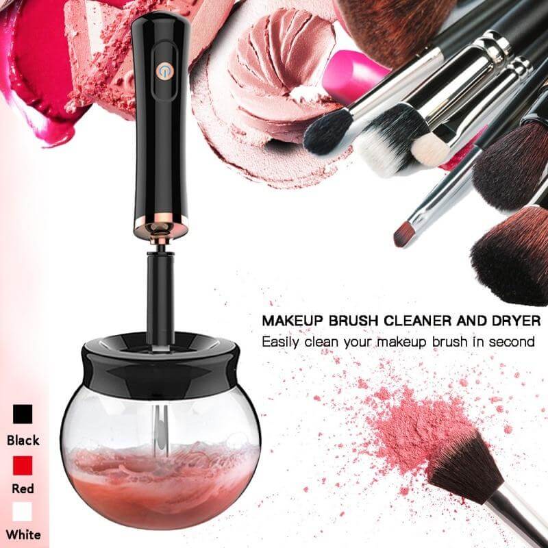 Electric makeup brush cleaning device with built-in dryer and ergonomic design for quick and effective brush maintenance.
