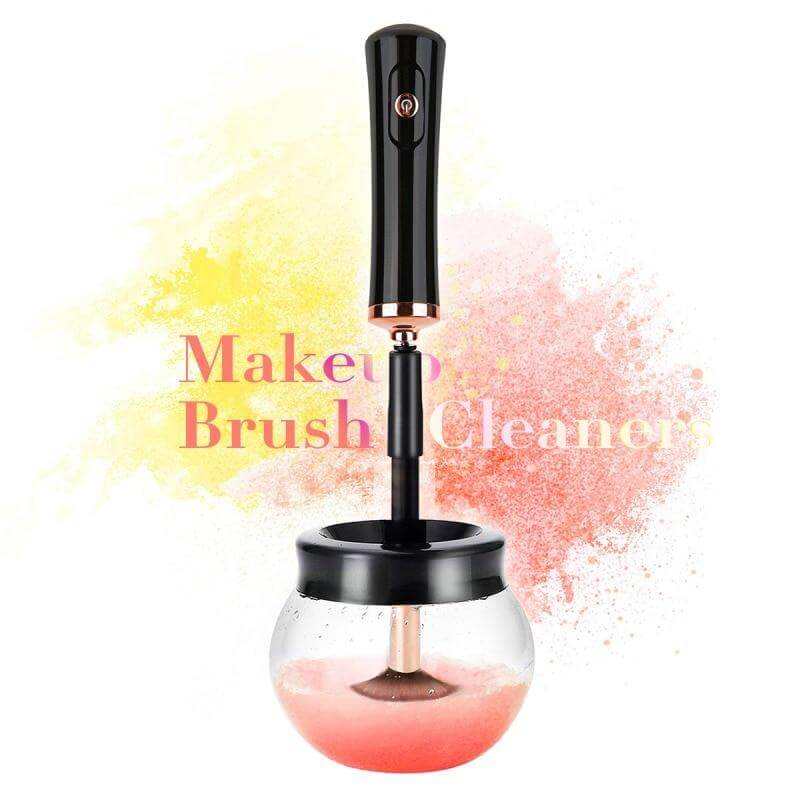 Electric makeup brush cleaning device with black handle and transparent bowl.