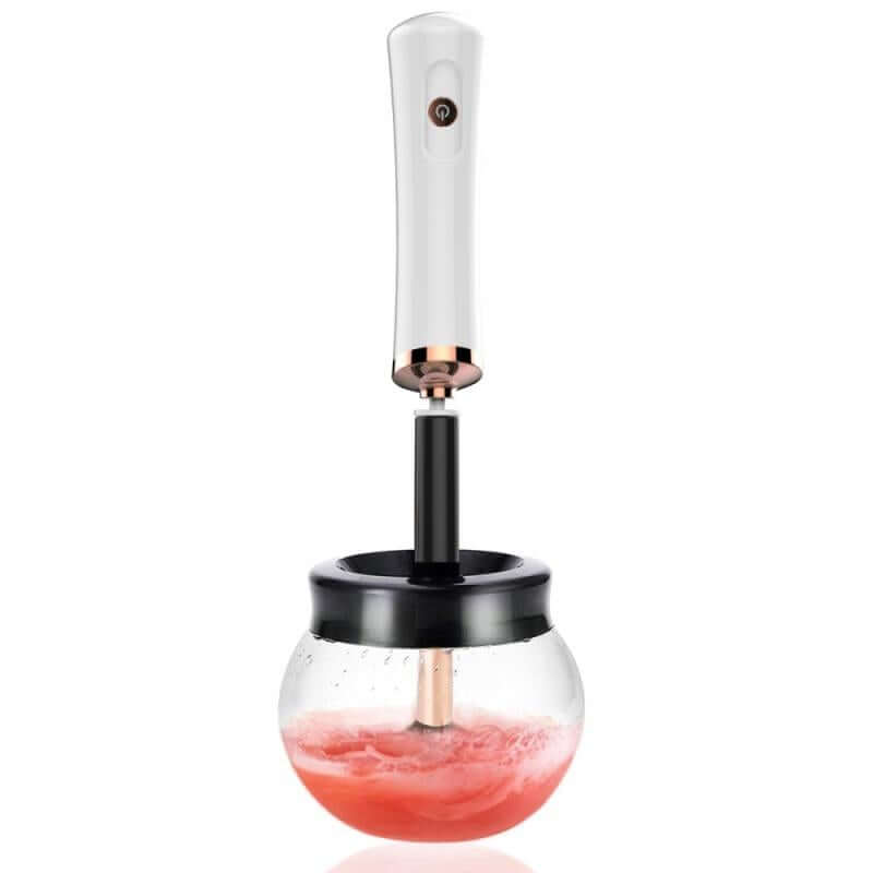 Electric makeup brush cleaning device with spinning handle, transparent bowl, and red liquid for efficient makeup brush cleaning.
