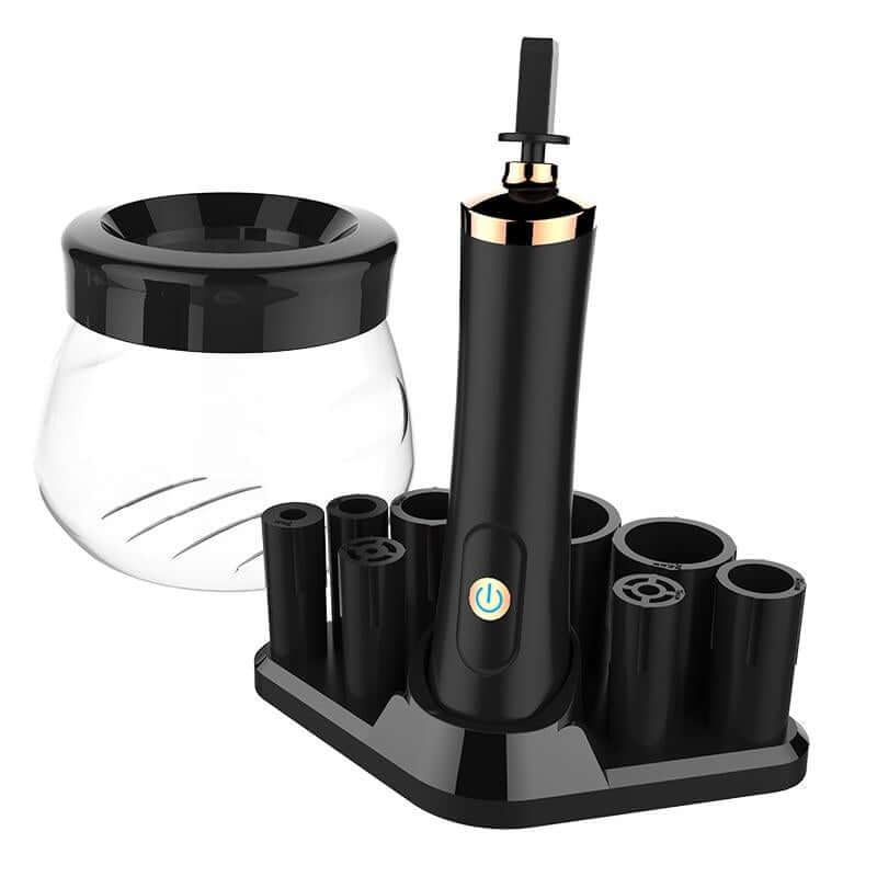 Electric makeup brush cleaning device with black handle and brush spinner bowl on a holder.