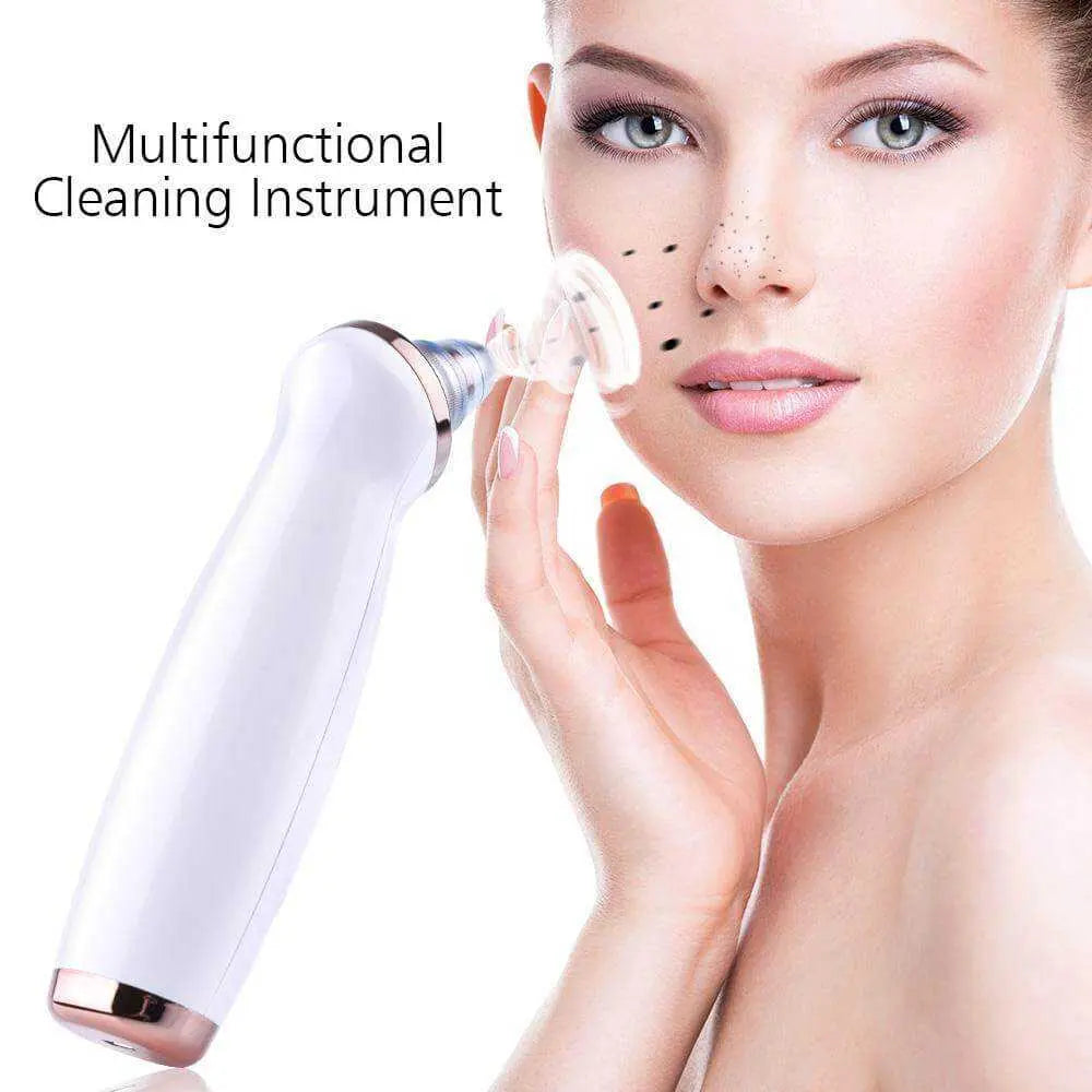 Electric vacuum facial blackhead remover demonstrating pore cleansing on woman's face.