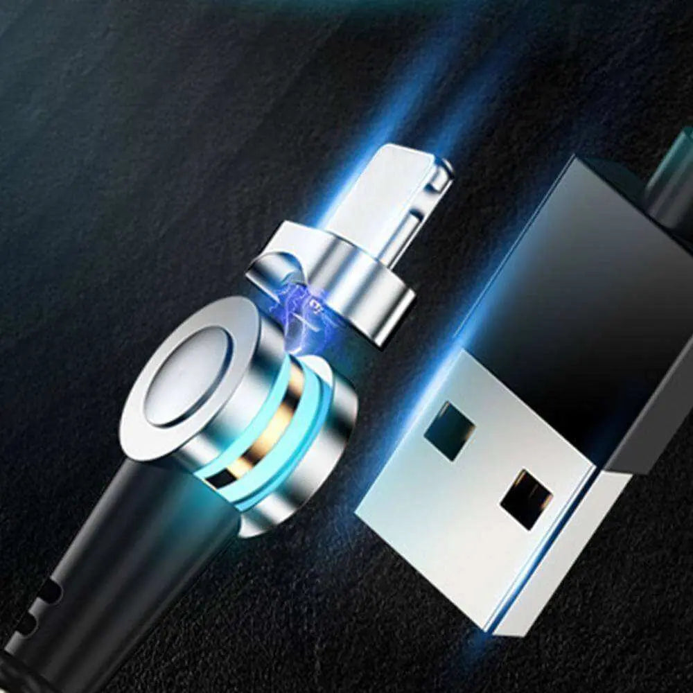 Magnetic charging cable with 180-degree rotatable connector and USB plug.