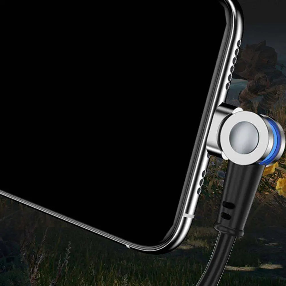 Magnetic charging cable with 180-degree rotatable connector attached to a smartphone.