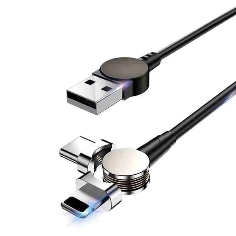 Fast magnetic charging cable with 180-degree rotatable connector and multiple adapters.