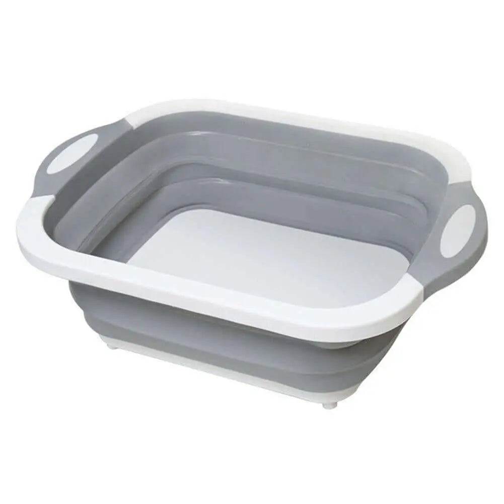 Folding chopping board with collapsible design in gray and white, versatile and portable for kitchen use.